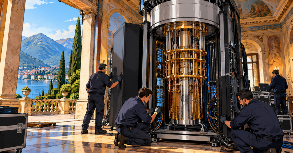 Wordless comic-style illustration of technicians installing a quantum computer inside a historic villa overlooking an Italian lake.