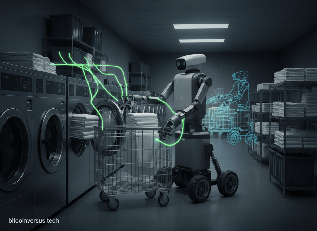 A wheeled semi-humanoid service robot handling a full commercial laundry workflow while AI workflow paths connect multiple stations.