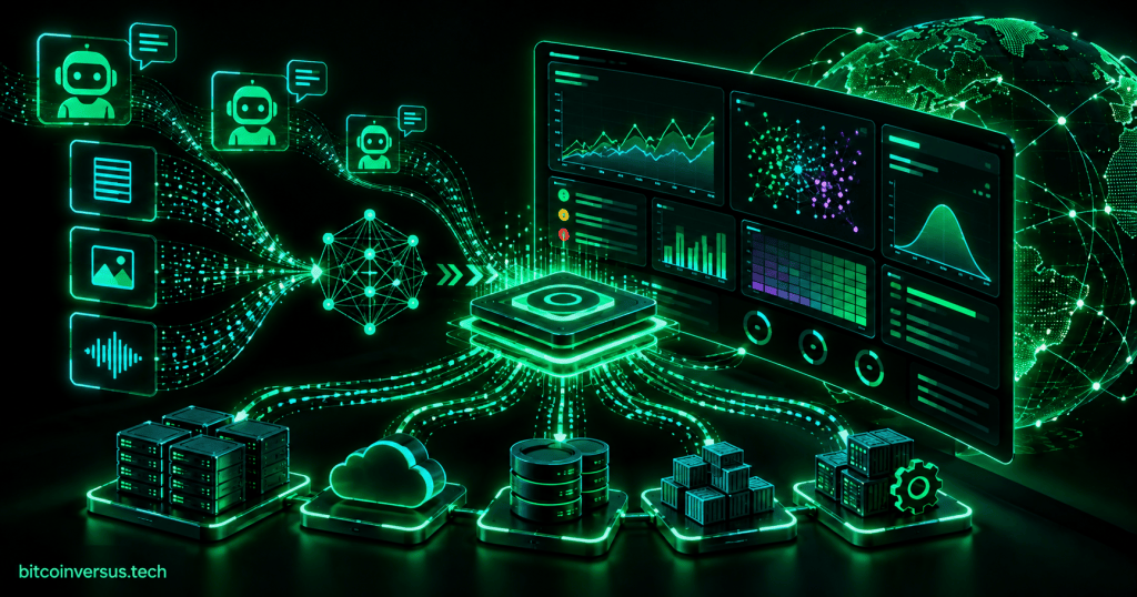 Neon black and green visualization of AI agents, telemetry, infrastructure and observability dashboards.