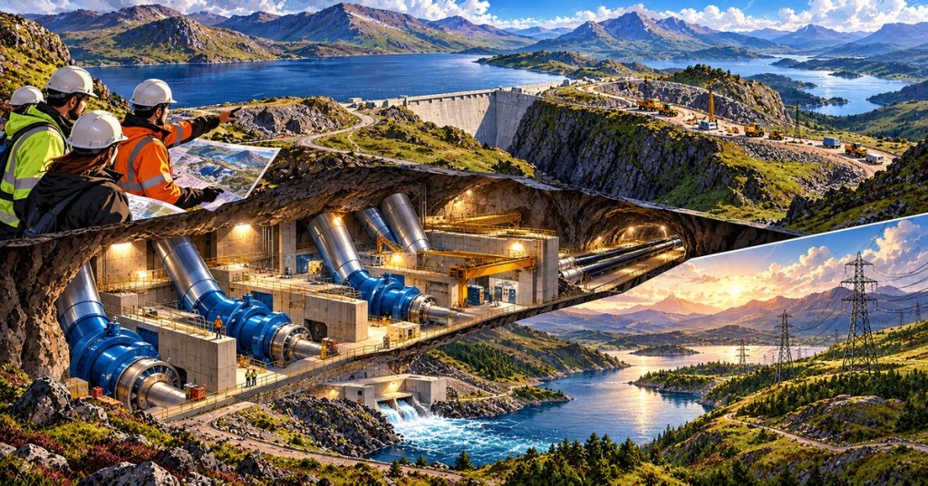 Detailed wordless editorial illustration of Scottish Highlands pumped hydro storage reservoirs and underground turbines; conceptual art.