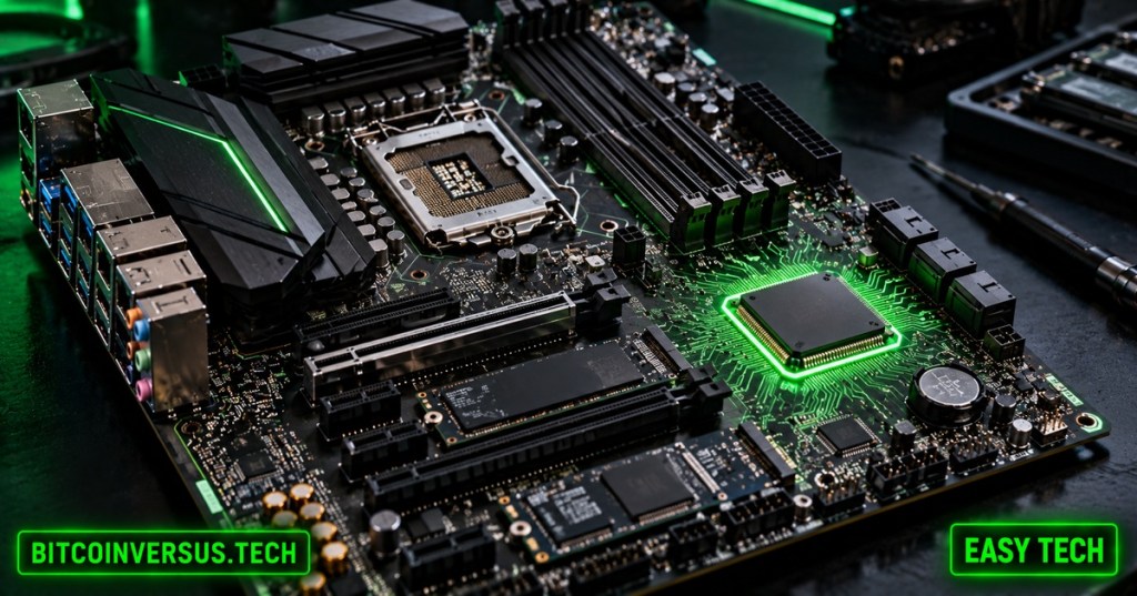 Cinematic close-up of a modern motherboard with CPU socket, DIMM slots, PCIe slots, M.2 storage, chipset, ports, and neon-green BitcoinVersus.Tech and EASY TECH tags.