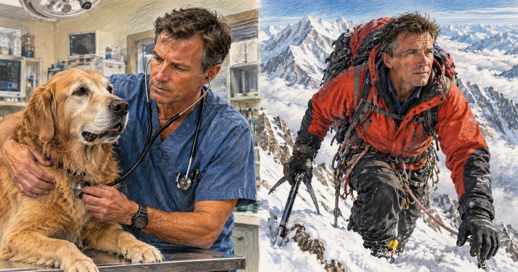 Illustrated split scene of veterinarian and high-altitude mountaineer representing Ed Viesturs' career.