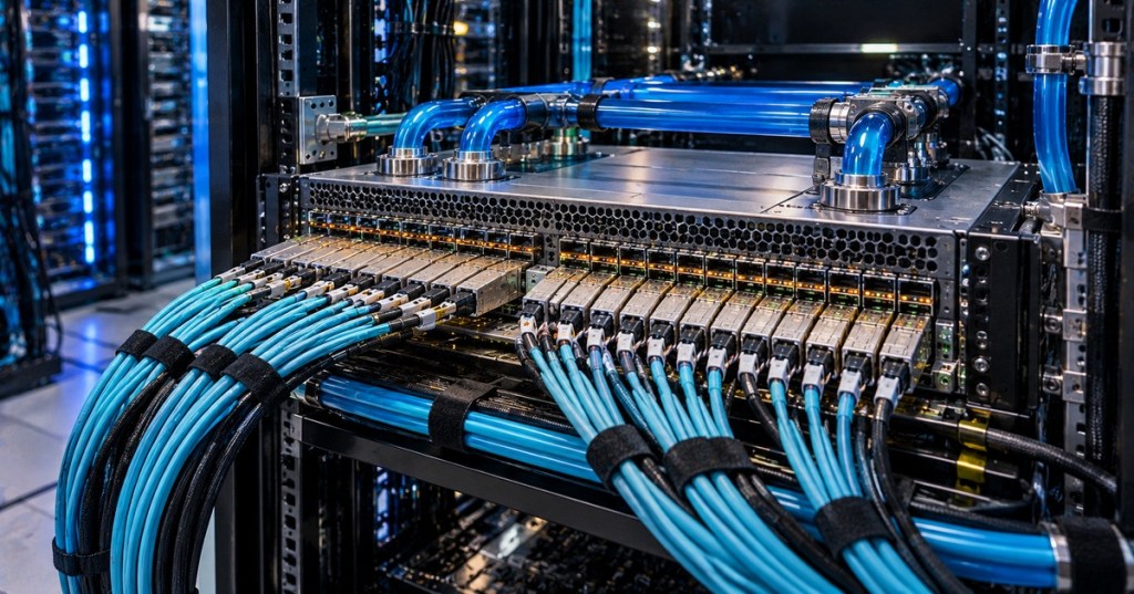 High-density AI data center switch with optical cabling and liquid-cooling connections.