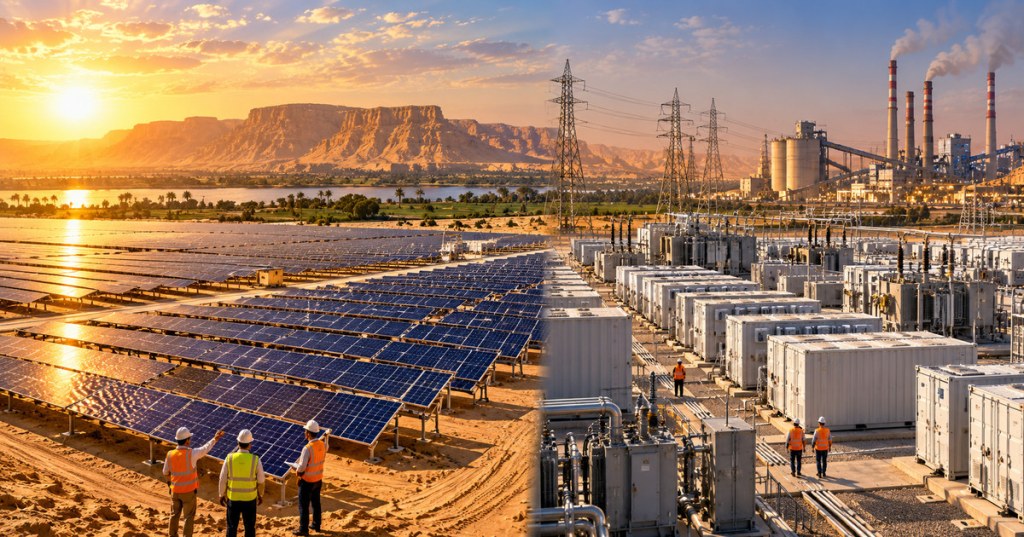 Original conceptual editorial illustration of solar-panel rows, battery storage containers, substations and industrial aluminum infrastructure in Egypt; project visualization, not a real photograph of Dandara