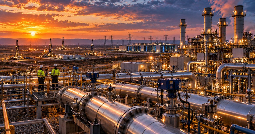 Detailed editorial depiction of natural gas pipelines, turbines, drill rigs and a power site at dusk with workers inspecting equipment