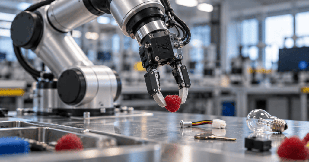 Editorial illustration showing a robotic gripper gently lifting a raspberry without crushing it; conceptual artwork, not a photo of Eka hardware.