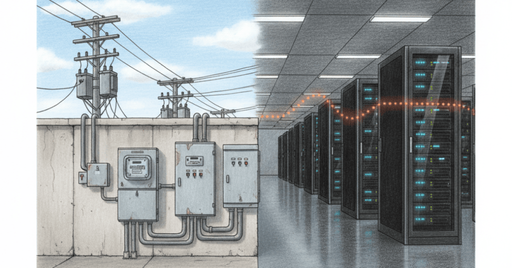 Utility electrical meter and switchgear feeding a data center, illustrating peak power demand.