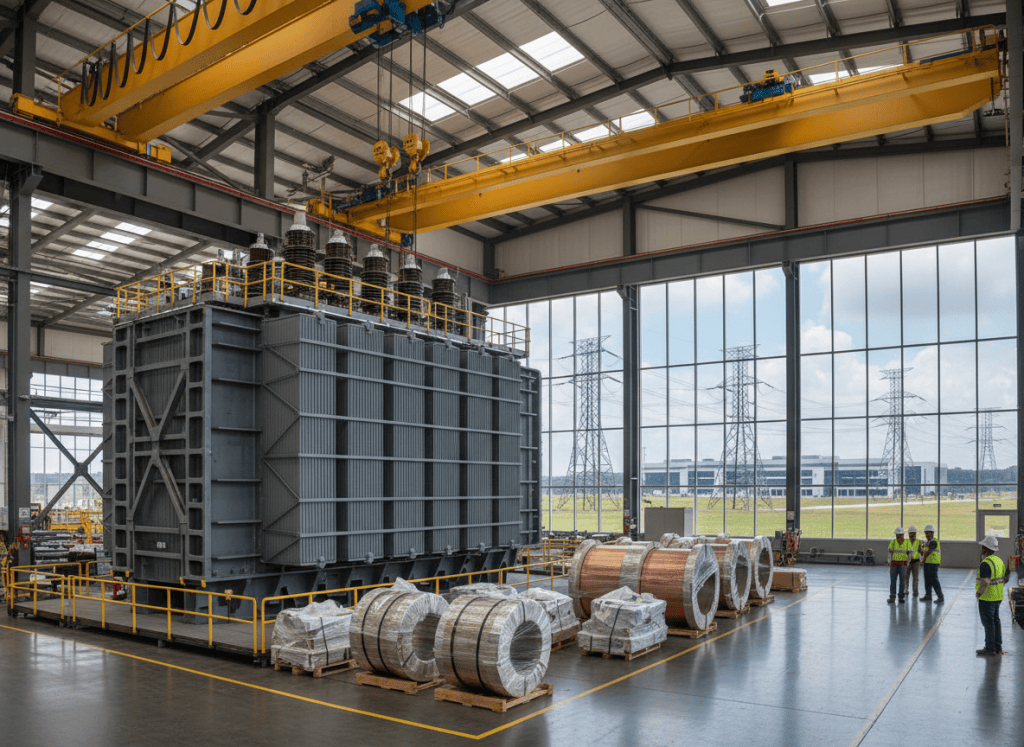 Large power transformer under assembly inside a modern U.S. transformer manufacturing plant with grid and data center infrastructure in the distance.