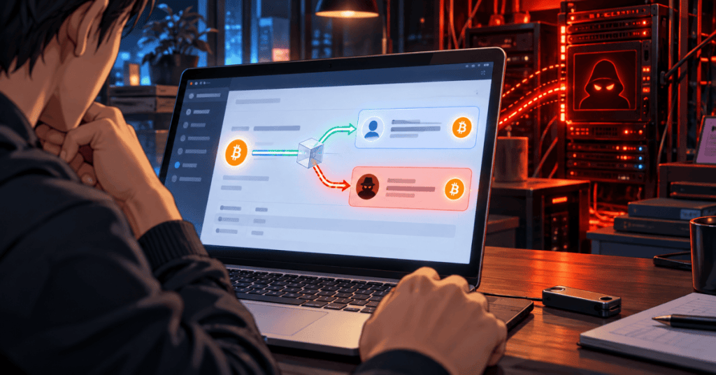 Conceptual anime editorial cover illustrating how a malicious Electrum server could redirect an unconfirmed Bitcoin payment during a manual fee bump