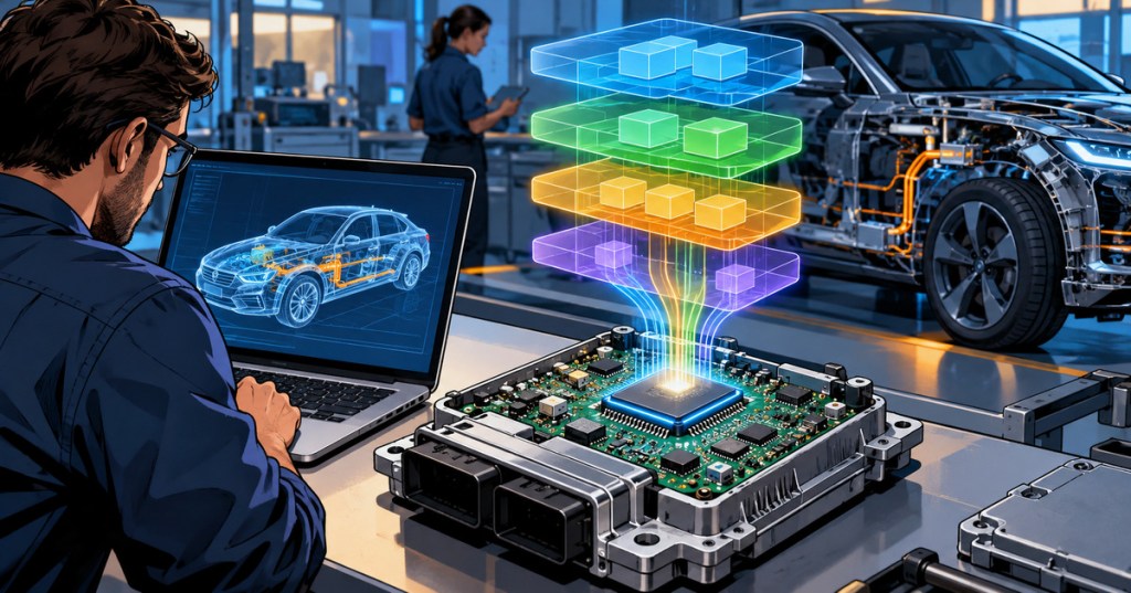 Wordless comic-style editorial artwork showing automotive software layers integrating with an ECU in a modern vehicle development lab.