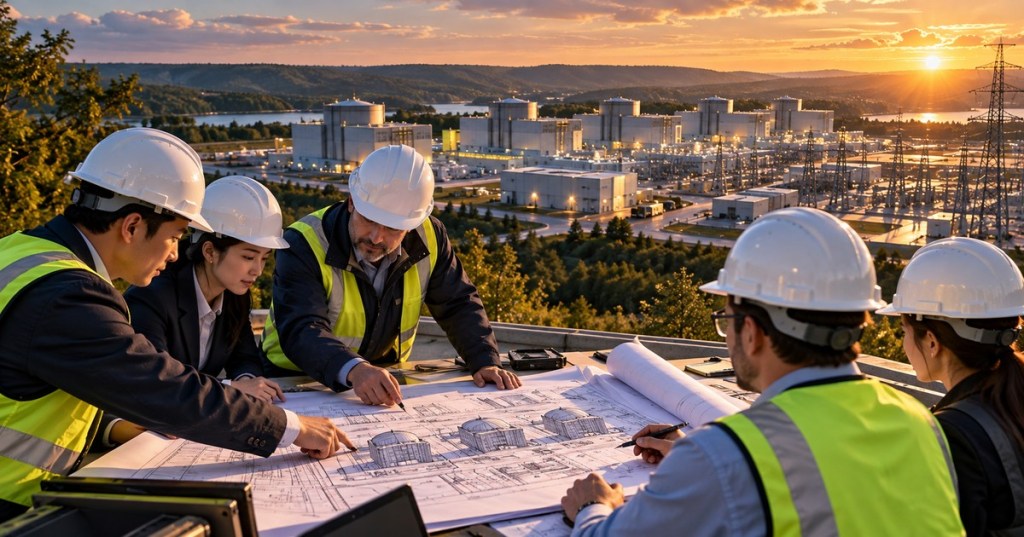 Conceptual editorial illustration of engineers reviewing nuclear power development blueprints; this is not a photograph of a built Elementl project.