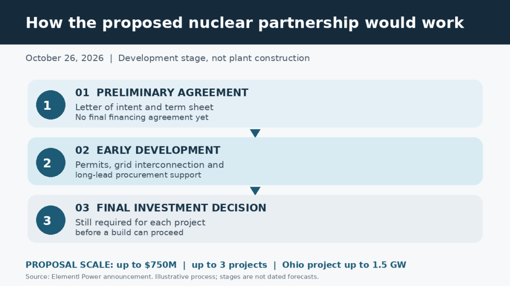 Development process diagram showing the preliminary nuclear partnership agreement, potential funding for early development, and final investment decision still required
