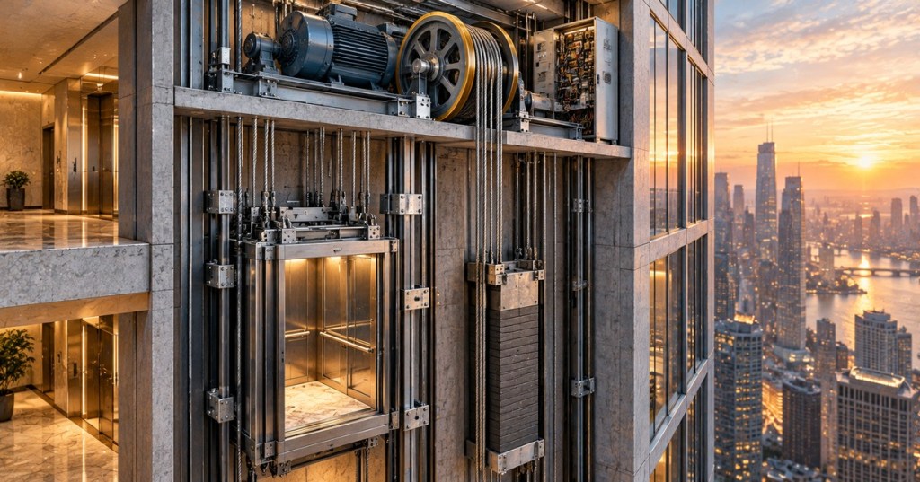 Photorealistic cutaway of a modern traction elevator in a skyscraper showing the motor, traction sheave, cables, car, rails and counterweight.