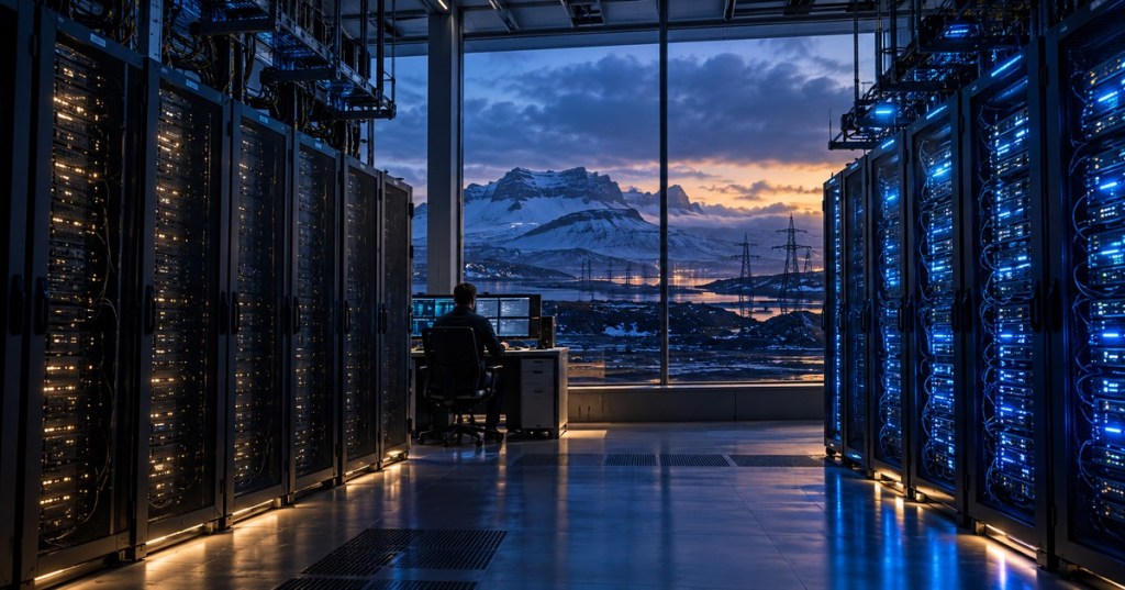 Editorial illustration of AI server racks at an Icelandic data center near power transmission infrastructure.