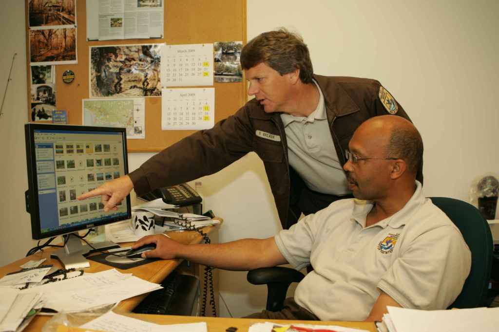 Two employees discussing work together in an office