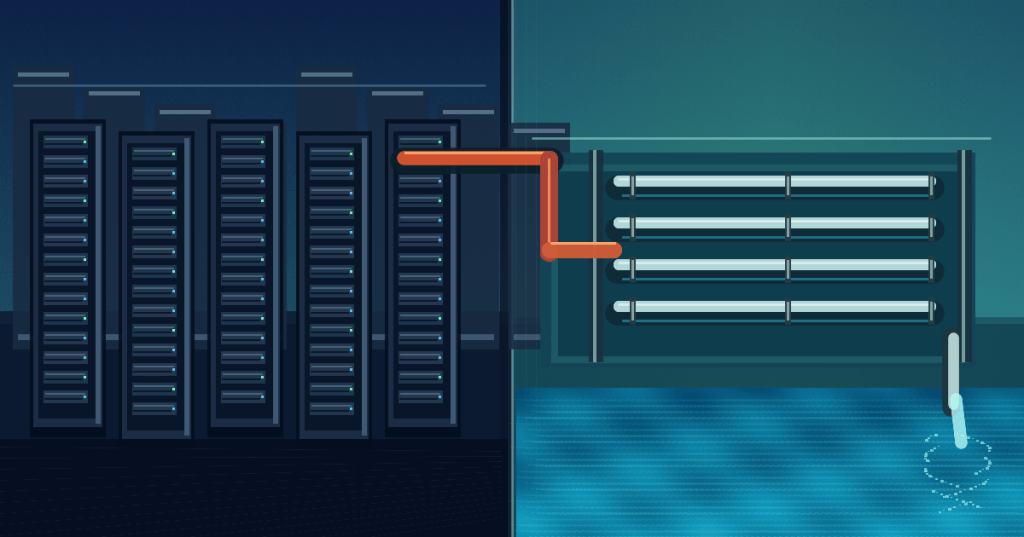 Wordless split-screen editorial artwork of AI server racks, heat recovery piping, filtration membranes and fresh water