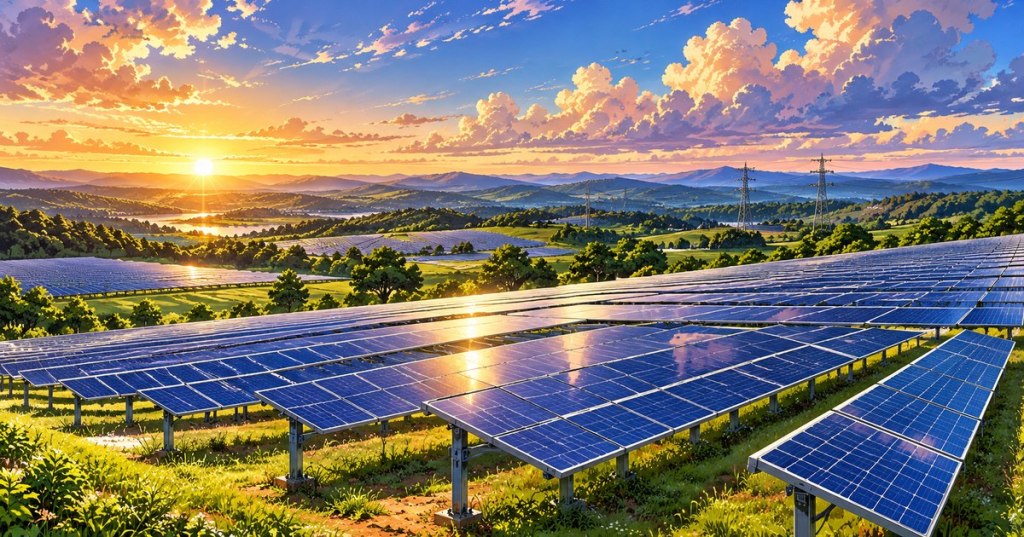 Anime editorial art of utility-scale solar arrays and electrical transmission in rolling green countryside at sunrise; conceptual, not the acquired plants.