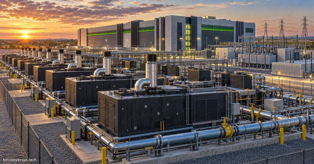 Illustration of modular natural-gas generators and piping supplying a large AI data center with behind-the-meter power.