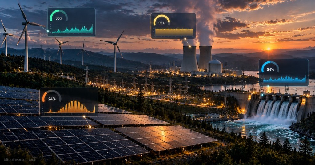 Solar, wind, hydro and nuclear generation with dashboard gauges illustrating different power-plant capacity factors