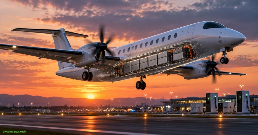 Electric regional aircraft with visible battery packs lifting off from an airport at sunset
