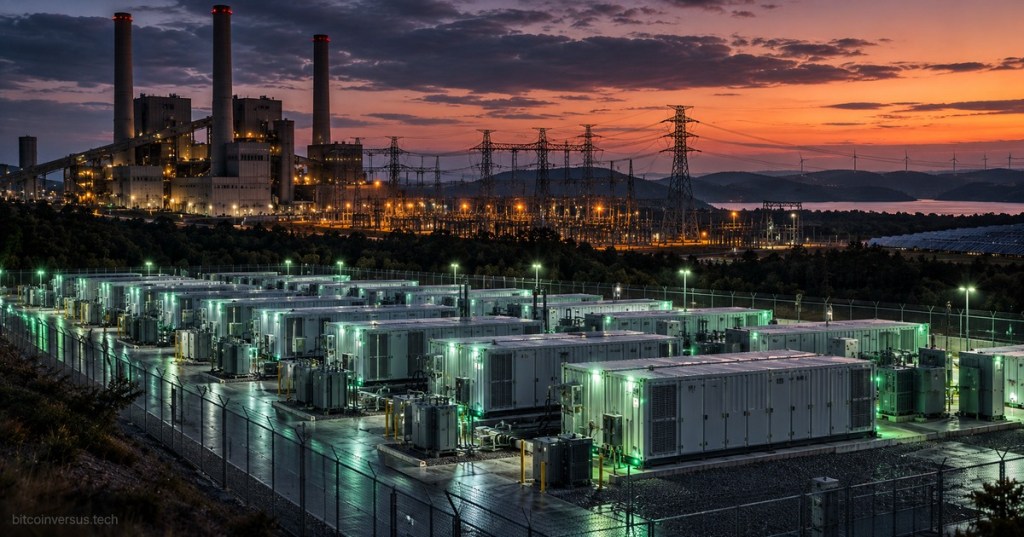 Large grid battery energy storage complex beside a power station and transmission network at dusk