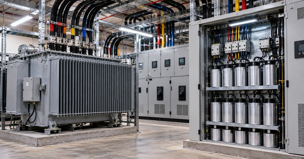 Realistic industrial electrical room with a transformer, switchgear, and capacitor bank illustrating power factor and reactive power.