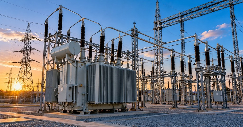 Photorealistic high-voltage electrical substation with transformers, busbars, insulators, switchgear, and transmission towers at sunset.