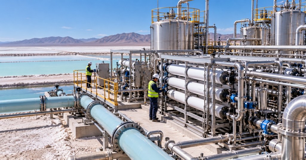 Direct lithium extraction facility processing brine through membrane systems and industrial piping near salt flats