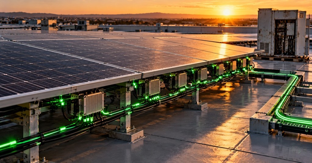 Commercial rooftop solar array at sunset with panel-level microinverters and illuminated power cabling.
