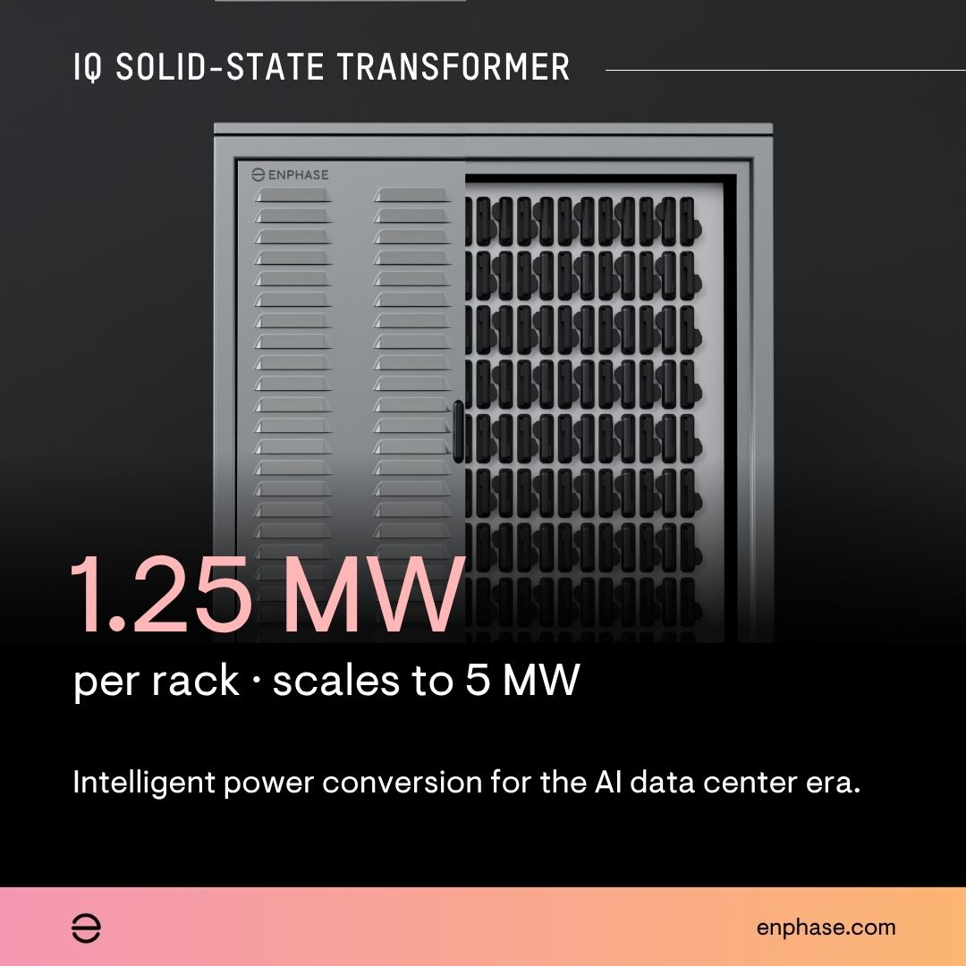 Enphase official IQ SST rack promotional rendering with gray ventilated transformer cabinet and 1.25 MW capacity label