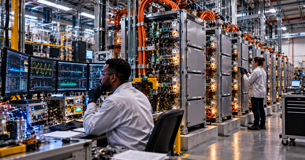 Editorial illustration of electrical engineer in an industrial power conversion test lab with conversion cabinets and waveform monitors
