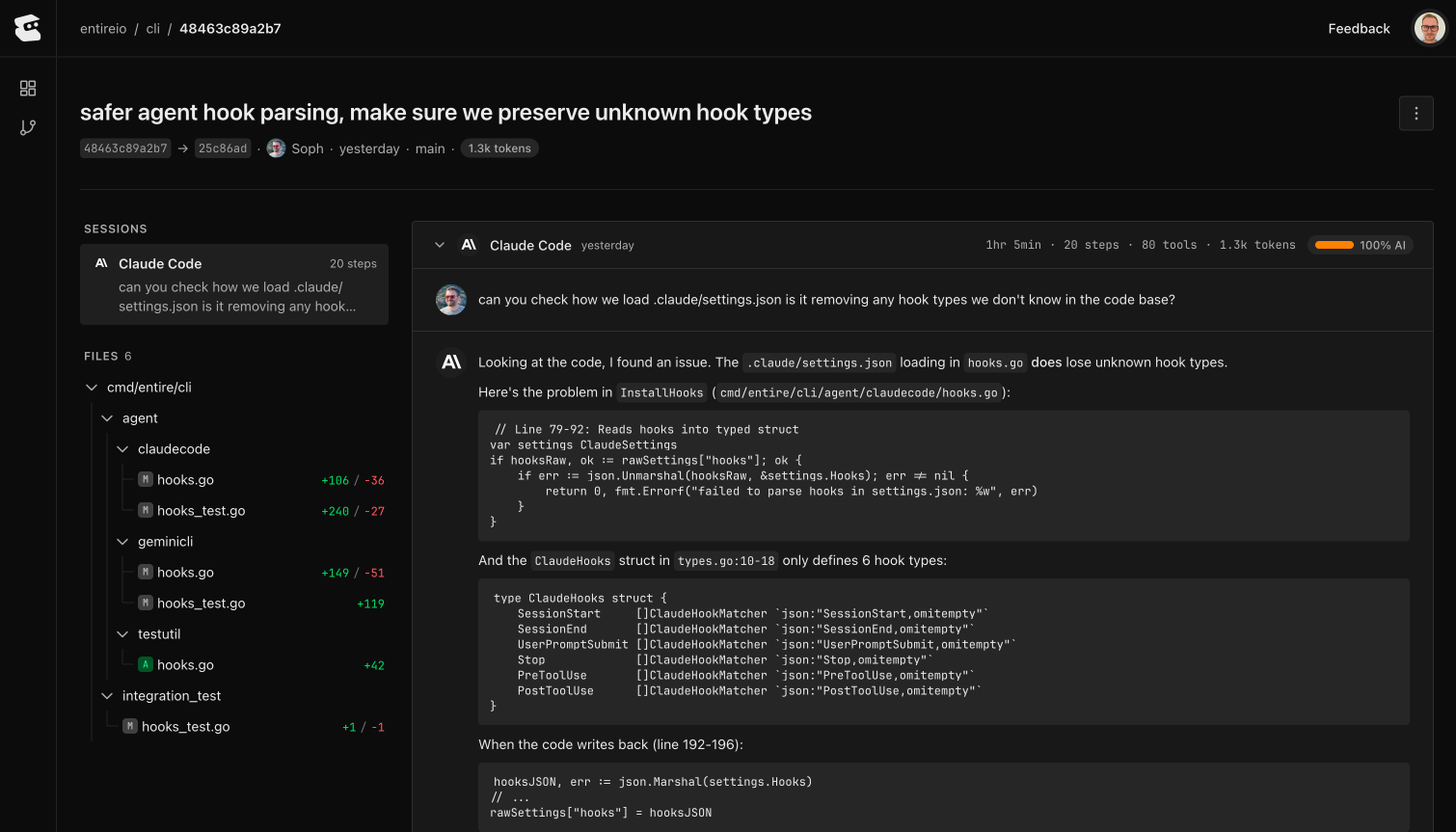Entire product interface showing an AI coding session, code changes and the related conversation history