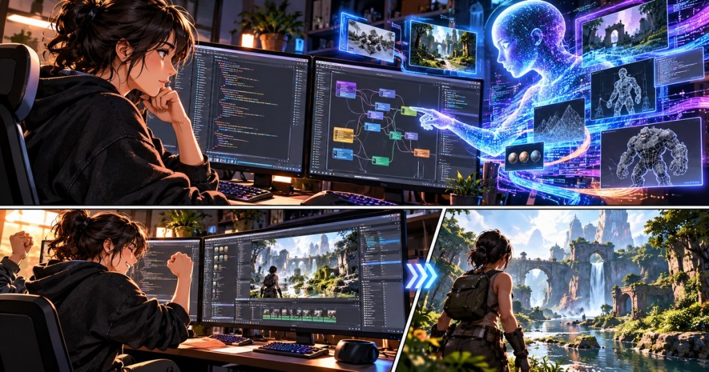 Wordless comic-style illustration of a game developer working with an AI-assisted coding system and game engine workflow.