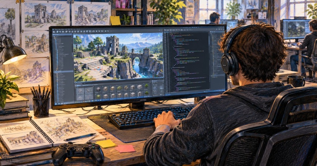 Colored-pencil editorial illustration of a game developer coding a 3D game world in a modern development studio.