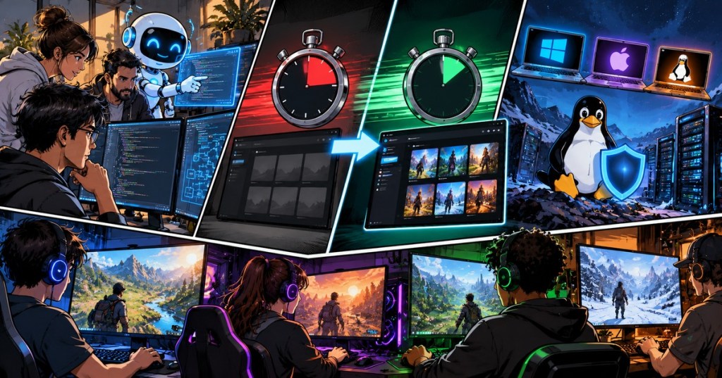 Wordless comic-style illustration of game developers using AI-assisted coding to rebuild a faster cross-platform game launcher for PC and Linux.