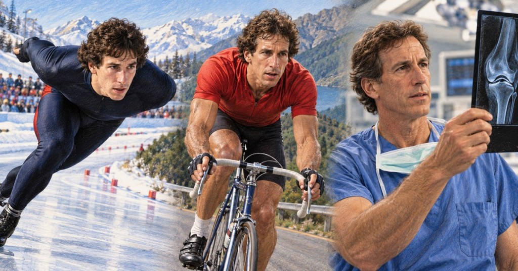 Illustrated career portrait of Eric Heiden as a speed skater, cyclist, and orthopedic surgeon