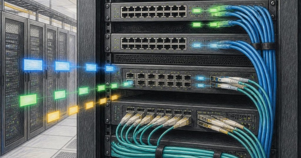 Data center Ethernet switches and fiber links illustrating different network packet sizes.