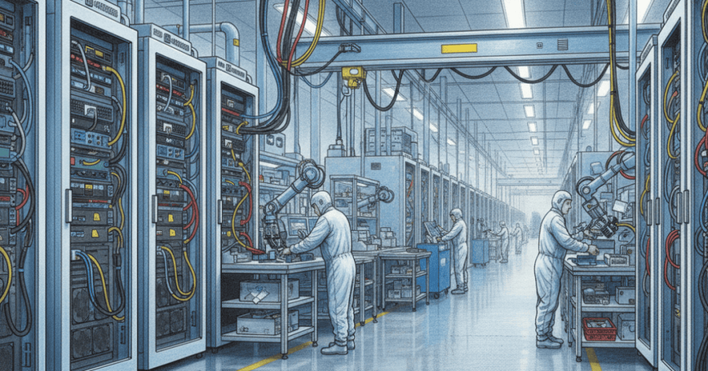 Engineers and collaborative robots assembling liquid-cooled supercomputer racks inside a modern European AI factory.