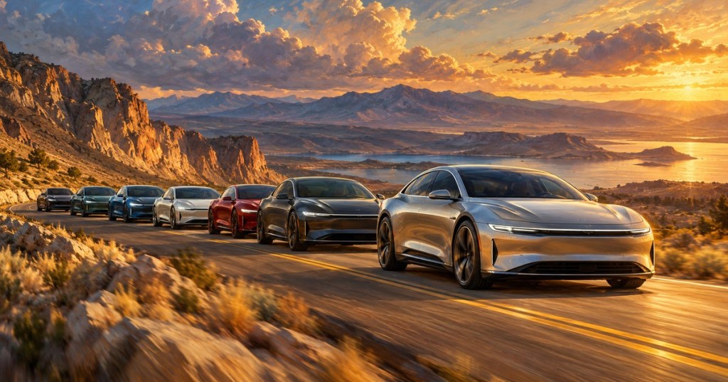 Editorial oil painting of seven electric sedans on a winding highway at sunset