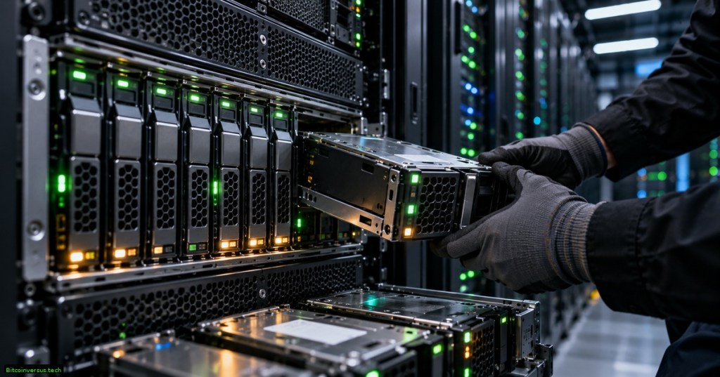 Realistic server storage array in a data center with multiple hot-swap drives being serviced, for an evergreen RAID storage explainer.