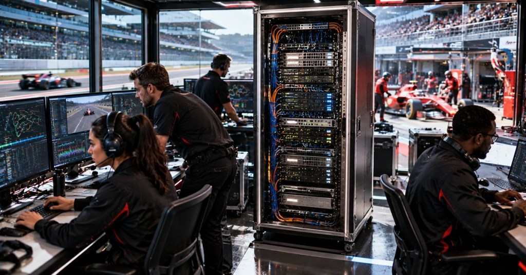 A race operations team monitors telemetry beside a compact mobile server rack overlooking a Formula 1-style pit lane.
