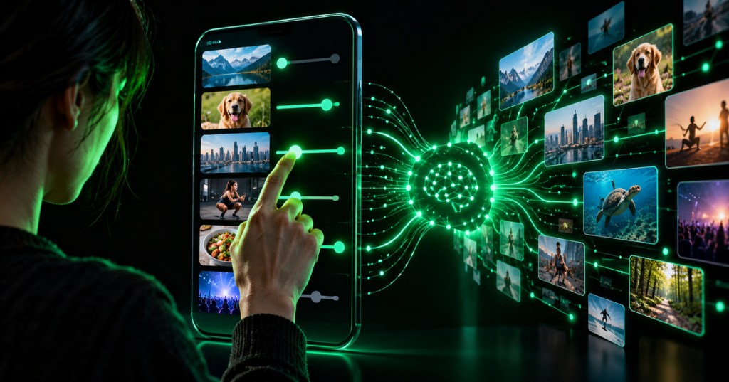 Minimal black and neon-green illustration of a person adjusting social media recommendation controls connected to an AI ranking network.