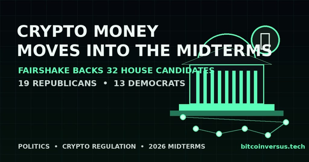 Dark technical political graphic showing the U.S. Capitol, a Bitcoin symbol, and network nodes representing bipartisan crypto campaign spending.