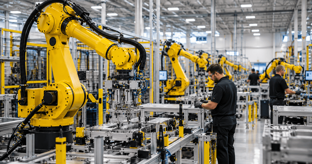 Editorial illustration of yellow industrial robotic arms and technicians on a modern manufacturing floor