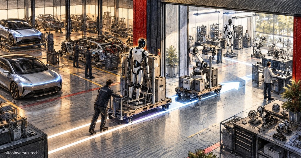 Colored-pencil editorial illustration of humanoid robotics equipment moving from an automotive engineering bay into a dedicated robotics laboratory.
