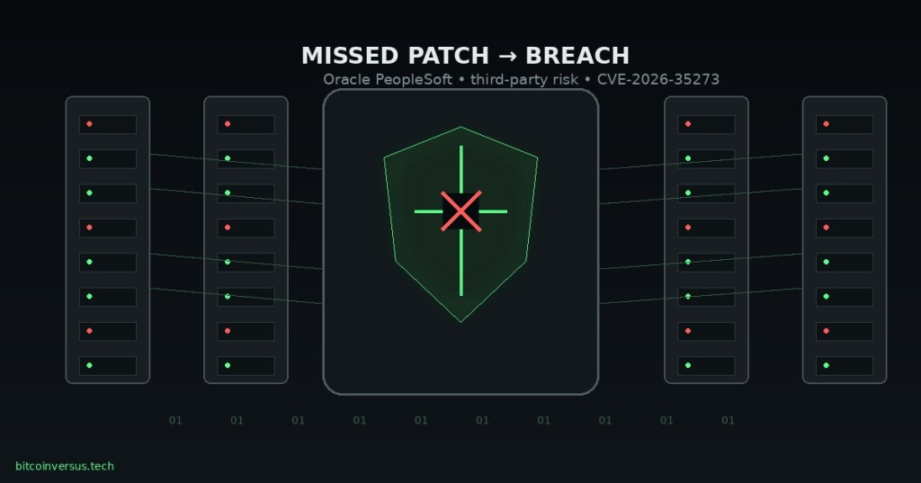 Technical illustration of enterprise server racks and a security shield with a missing patch symbol, representing the FBI PeopleSoft breach.