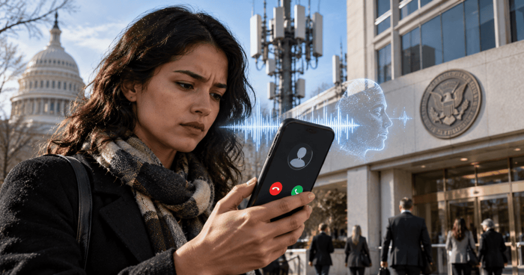 Photorealistic editorial image of a voter receiving an AI-generated robocall near Washington telecommunications infrastructure and government buildings