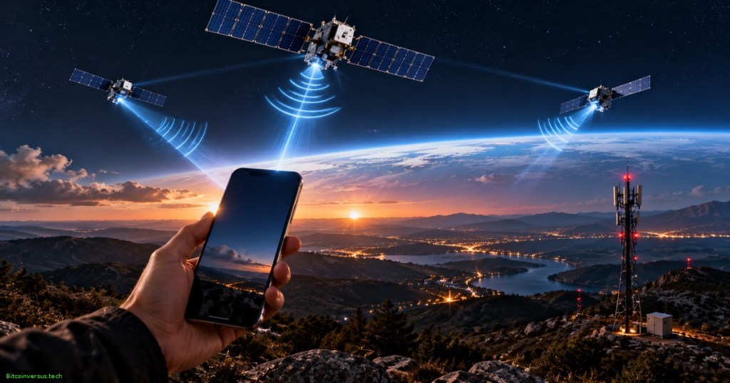 A smartphone connecting directly to low-Earth-orbit satellites above a mountainous landscape with cellular towers and city lights.