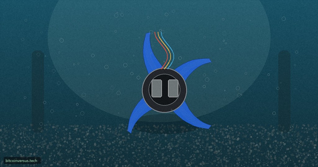 Realistic color-pencil editorial illustration of a blue four-wing soft underwater robot swimming through a tank.