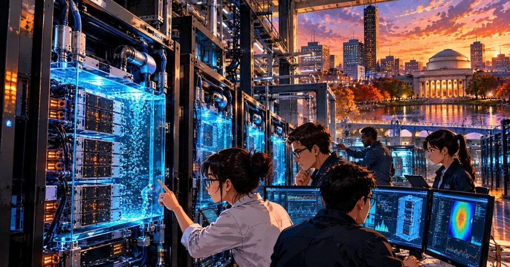 Detailed anime editorial illustration of researchers inspecting modular rack-mounted liquid-cooled servers against a Boston technology campus at sunset